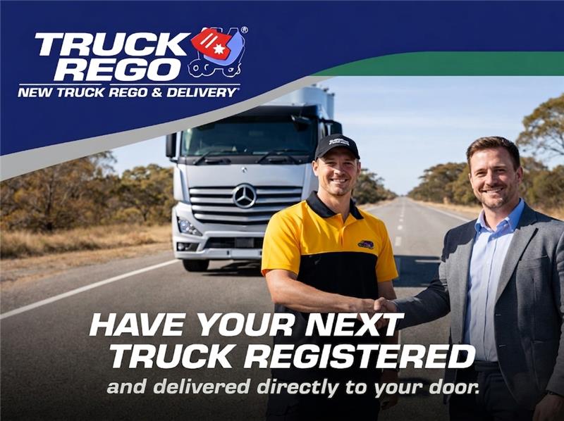 Truck registration and delivery team shaking hands by truck on highway in Laverton North, Victoria, Australia, fast service