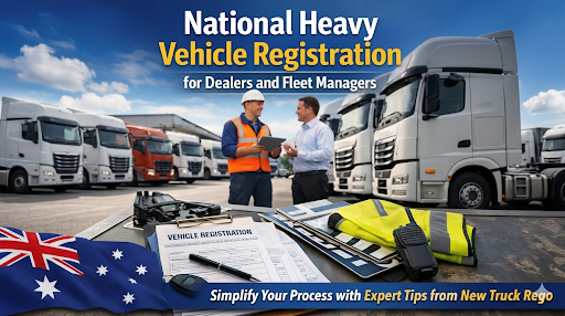 A professional discussing national heavy vehicle registration with documents and trucks in the background.