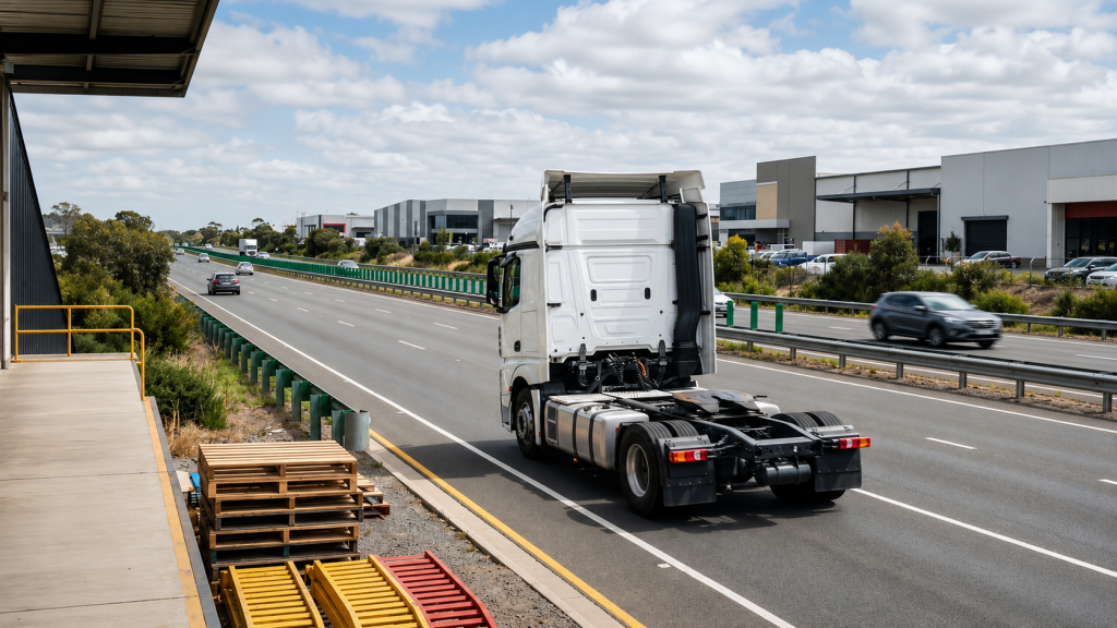White truck travelling on an Australian highway, representing the cost of truck delivery services across Australia.